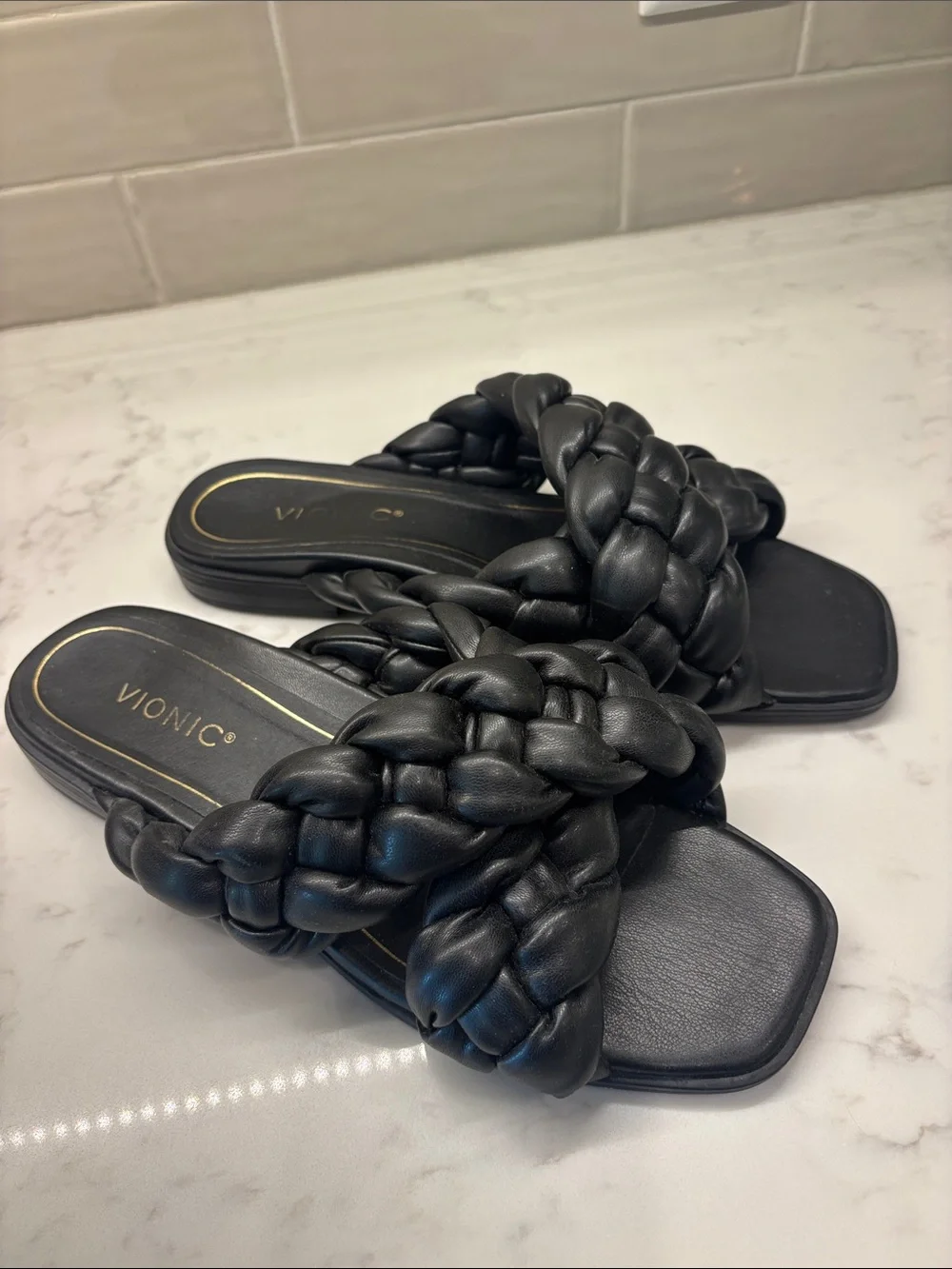 Vionic Black Braided Slide Sandals